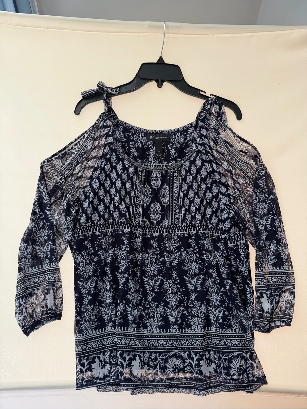 INC International Concepts 1X Navy White Cold Shoulder Boho Blouse Top